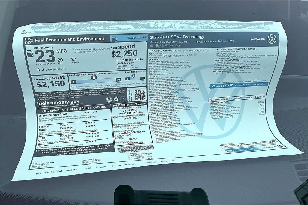 2026 Volkswagen Atlas 2.0T SE W/TECHNOLOGY